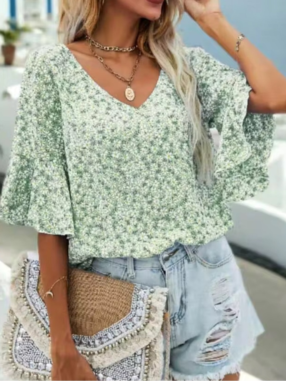 SHEIN Breezaya V-Neck Ruffle Ditsy Floral Loose Casual Shirt Blouse
